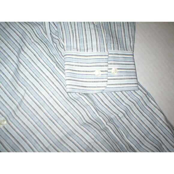 New Mens L NWT Guy Laroche Homme France Designer Shirt White Blue Striped Linen - Picture 4 of 6